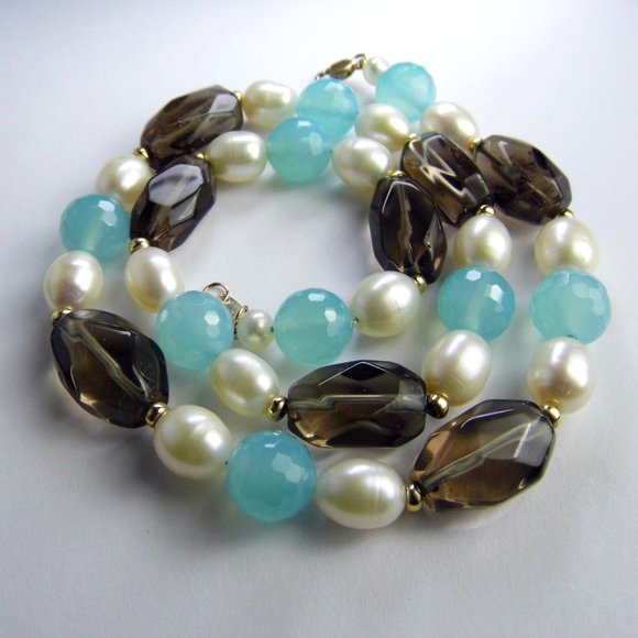 14KY Chalcedony Pearl Smoky Quartz Gold NECKLACE - Picture 5 of 11